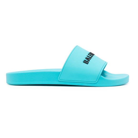 Balenciaga Turquoise Blue Rubber Black Logo Slide Pool Sandal Flip Flop 43 10 - Picture 1 of 12